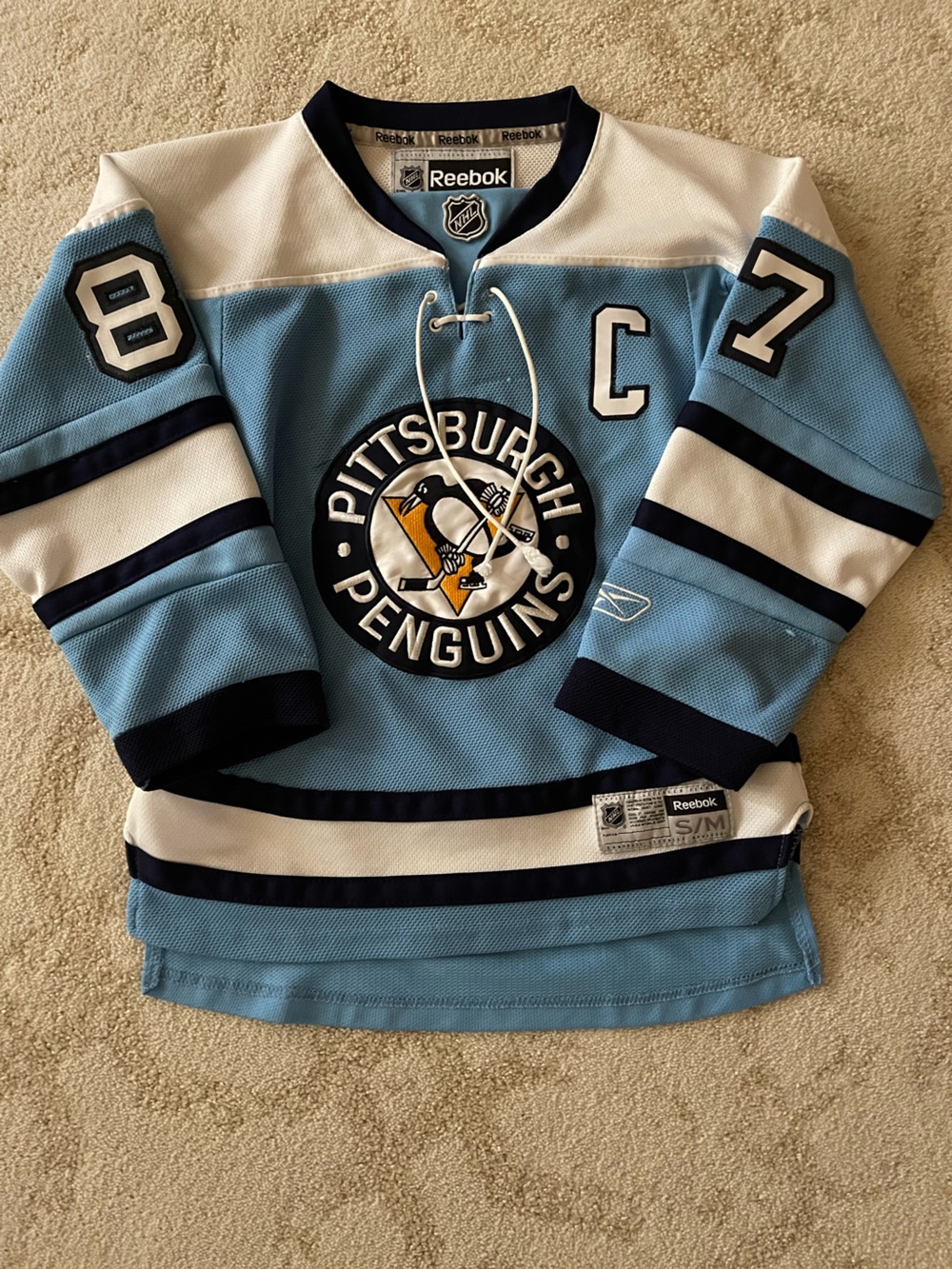 Reebok Pittsburgh Penguins Light Blue Hockey Jersey - Captain Sydney Crosby s/m